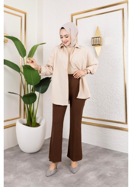 Likralı Krep Kumaş Ispanyol Paça Pantolon-Kahverengi fiyatları