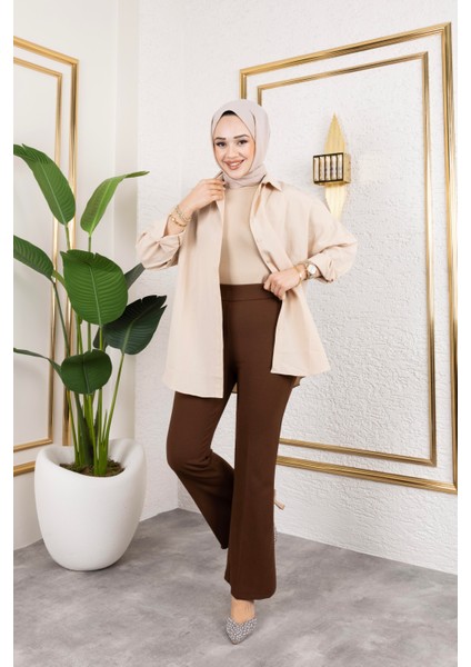 Likralı Krep Kumaş Ispanyol Paça Pantolon-Kahverengi modelleri