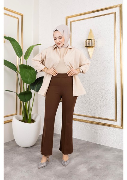 Likralı Krep Kumaş Ispanyol Paça Pantolon-Kahverengi fırsatları