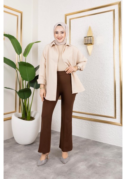 Likralı Krep Kumaş Ispanyol Paça Pantolon-Kahverengi indirimleri