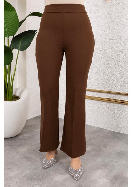 Likralı Krep Kumaş Ispanyol Paça Pantolon-Kahverengi