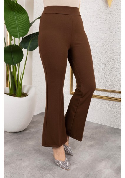 Likralı Krep Kumaş Ispanyol Paça Pantolon-Kahverengi