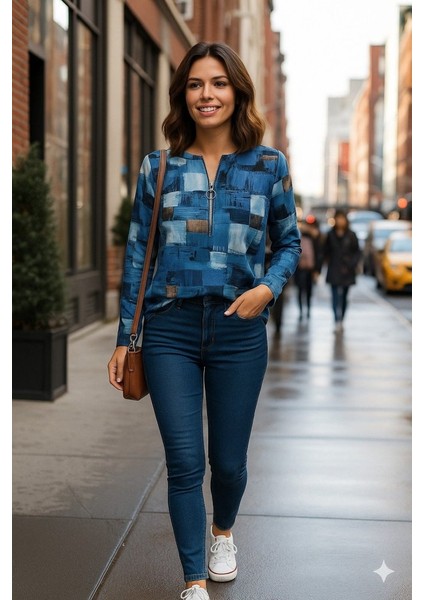 Yaman Market Kadın Uzun Kollu Yakadan Fermuarlı Kot Görünüm Desenli Uzun Modal Bluz modelleri