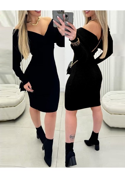 Yaman Market Kadın Uzun Kollu Omuzlardan Açık Kruvaze Yaka Kısa Triko Elbise modelleri