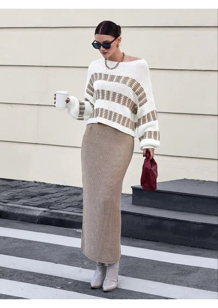 Yaman Market Kadın Uzun Kollu Kayık Yakalı Salaş Triko Bluz ve Etek Ikili Takım