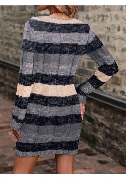Yaman Market Kadın Uzun Kollu V Yakalı Çizgili Çok Renkli Triko Mini Elbise fırsatları