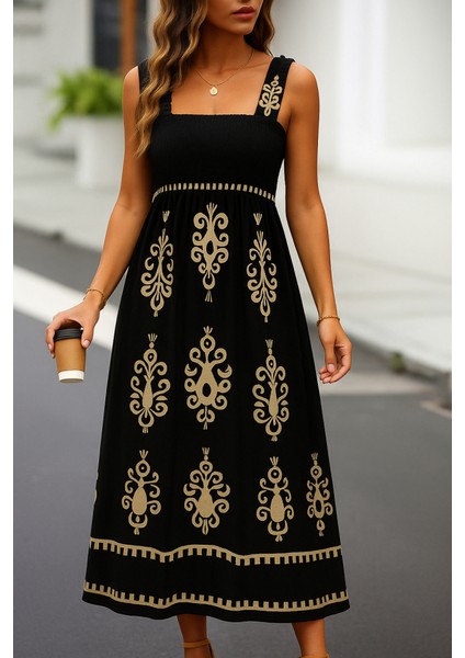 Yaman Market Kadın Askılı Kare Yaka Gipe Detaylı Desenli Suprem Elbise