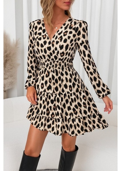 Yaman Market Kadın Uzun Kollu Kruvaze Yaka Desenli Mini Modal Elbise modelleri