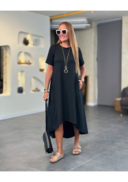 Yaman Market Kadın Kısa Kollu Bisiklet Yaka Asimetrik Kesim Ön Viskon Arkası Trikoton Elbise