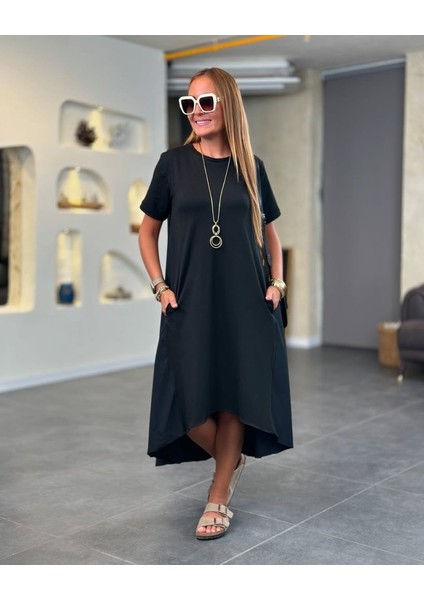 Yaman Market Kadın Kısa Kollu Bisiklet Yaka Asimetrik Kesim Ön Viskon Arkası Trikoton Elbise modelleri