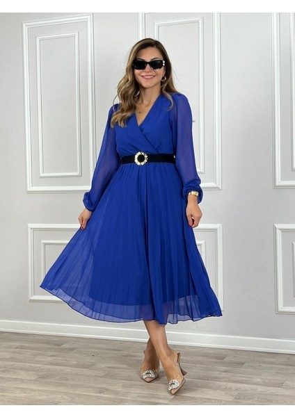 Yaman Market Kadın Şifon Kumaş Astalı Kloş Kesim Kruvaze Yaka Midi Boy Elbise fiyatları