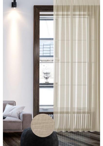 Keten Görünümlü Düz Tül Perde Pilesiz Bej