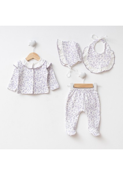 Leopar Desenli Kendinden Eldivenli 4 Parça Yenidoğan Hastane Çıkışı Seti