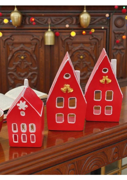 Home Yılbaşı Ev Mumluk Seti, Kırmızı Renkli Yüksek Kaliteli Malzeme El Yapımı Dekoratif Obje Biblo, Ev Dekoru, Masa Dekoru, Yılbaşı Dekoru, Hediyelik, Yılbaşı Evleri