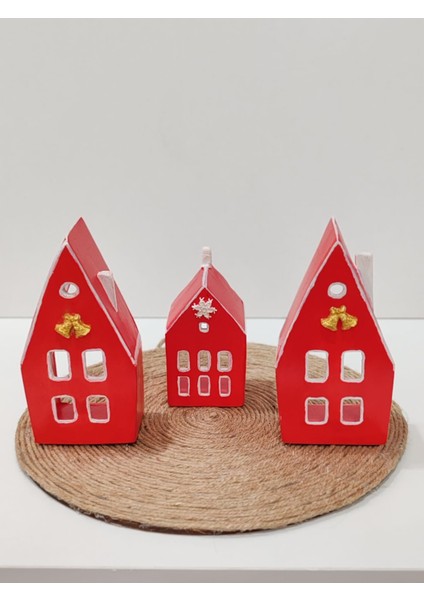 Home Yılbaşı Ev Mumluk Seti, Kırmızı Renkli Yüksek Kaliteli Malzeme El Yapımı Dekoratif Obje Biblo, Ev Dekoru, Masa Dekoru, Yılbaşı Dekoru, Hediyelik, Yılbaşı Evleri fiyatları