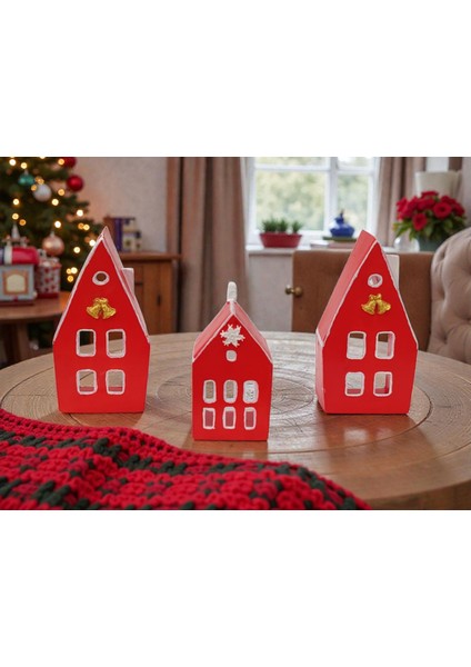 Home Yılbaşı Ev Mumluk Seti, Kırmızı Renkli Yüksek Kaliteli Malzeme El Yapımı Dekoratif Obje Biblo, Ev Dekoru, Masa Dekoru, Yılbaşı Dekoru, Hediyelik, Yılbaşı Evleri modelleri