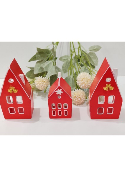Home Yılbaşı Ev Mumluk Seti, Kırmızı Renkli Yüksek Kaliteli Malzeme El Yapımı Dekoratif Obje Biblo, Ev Dekoru, Masa Dekoru, Yılbaşı Dekoru, Hediyelik, Yılbaşı Evleri indirimleri