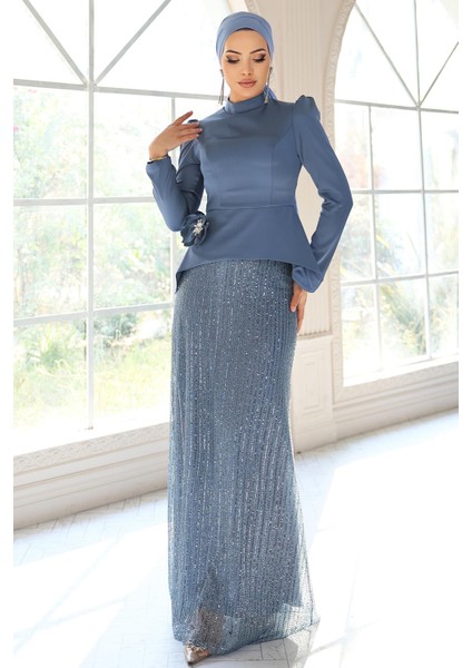 Çiçek Broşlu Arkası Bağcıklı Saten ve Payetli Tesettür Abiye Takım İNDİGO 1683