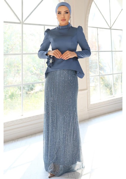 Çiçek Broşlu Arkası Bağcıklı Saten ve Payetli Tesettür Abiye Takım İNDİGO 1683 fiyatları