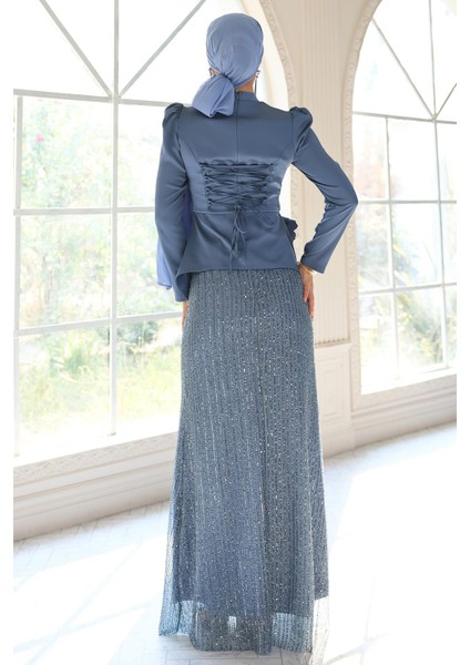 Çiçek Broşlu Arkası Bağcıklı Saten ve Payetli Tesettür Abiye Takım İNDİGO 1683