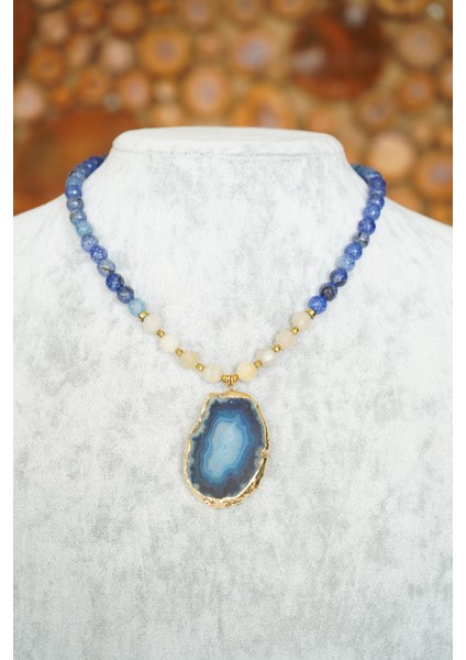 Mavi Akik ve Beyaz Kuvars Faset Kesim Kolye