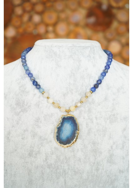 Mavi Akik ve Beyaz Kuvars Faset Kesim Kolye fiyatları