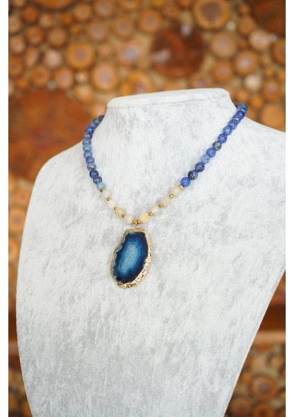 Mavi Akik ve Beyaz Kuvars Faset Kesim Kolye modelleri