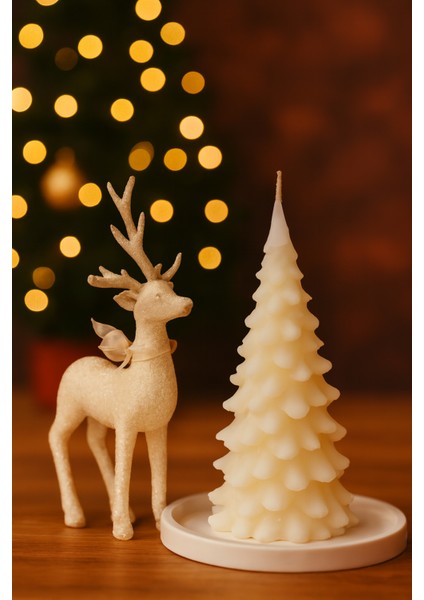Dekoratif Yılbaşı Ağacı Mum, Beyaz Noel Ev Dekoru, Masa Dekoru, Hediyelik, Yılbaşı Mumu