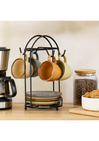 Metal Standlı Porselen Renkli Kupa Fincan Seti 4 Kişilik - 90ML - Kahve - Espresso