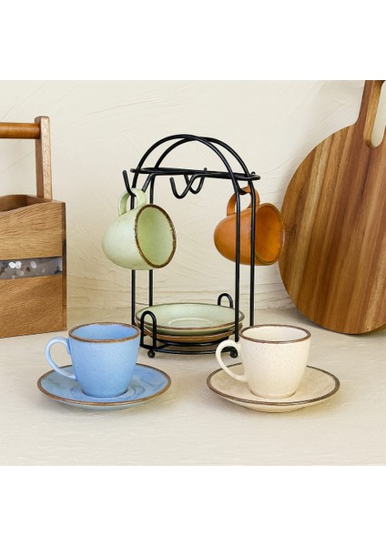 Metal Standlı Porselen Renkli Kupa Fincan Seti 4 Kişilik - 90ML - Kahve - Espresso fiyatları