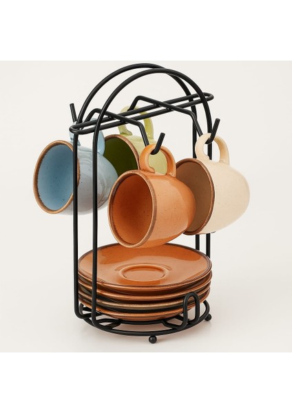 Metal Standlı Porselen Renkli Kupa Fincan Seti 4 Kişilik - 90ML - Kahve - Espresso modelleri