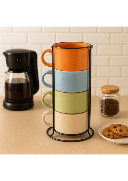 Metal Standlı Porselen Renkli Kupa Seti 4 Kişilik - 180ML - Kahve - Cappuccino