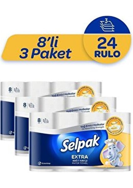 ® Extra Yağ Emici 8'li Rulo Kağıt Havlu 3 Katlı Kokusuz Mutfak ve Temizlik Kullanımı İçin