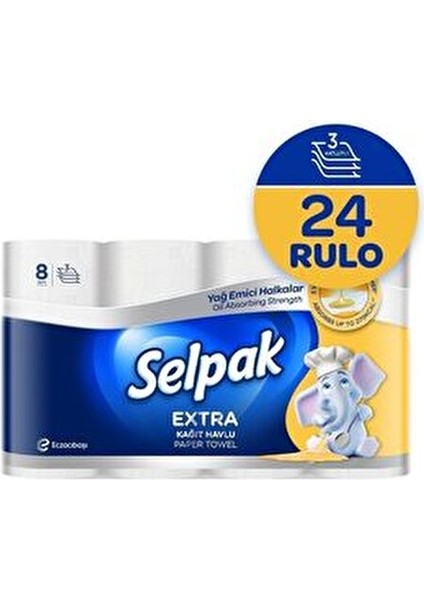 ® Extra Yağ Emici 8'li Rulo Kağıt Havlu 3 Katlı Kokusuz Mutfak ve Temizlik Kullanımı İçin