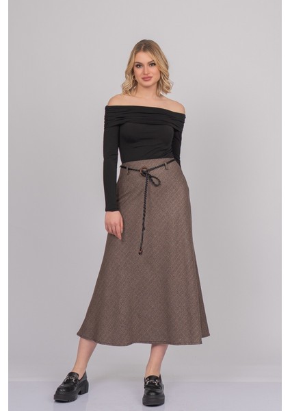 Hasır Kemer Dokuma Kare Desen Yüksek Bel Etek 6834