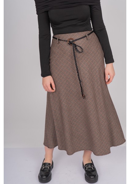 Hasır Kemer Dokuma Kare Desen Yüksek Bel Etek 6834 fiyatları