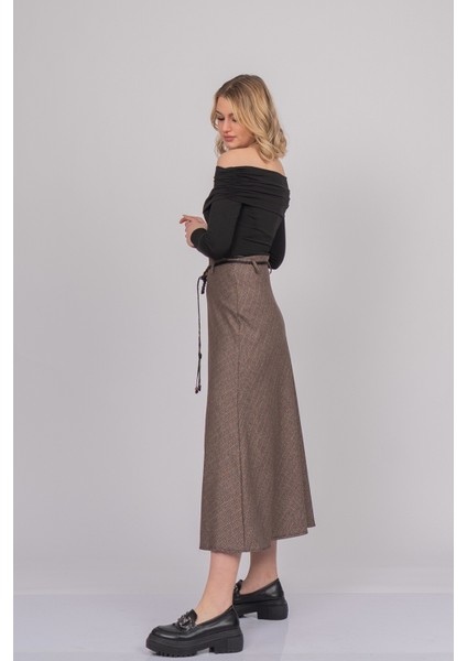 Hasır Kemer Dokuma Kare Desen Yüksek Bel Etek 6834 fırsatları