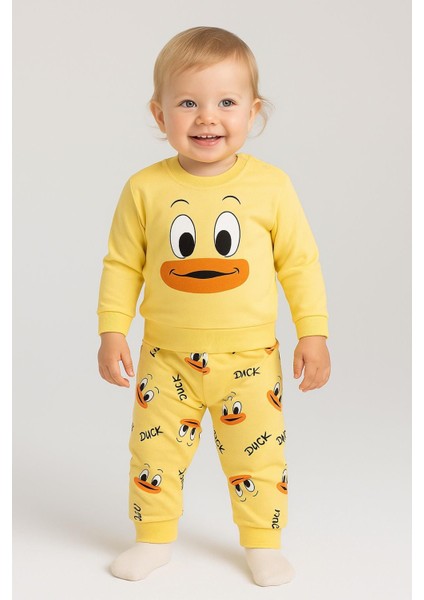 Kız/erkek Bebek Unısex Duck Ördek Desenli 2li Takım Sweatshirt ve Alt 6-9-12-18AY