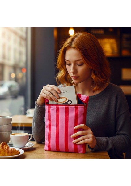 El Yapımı Pembe-Kırmızı Çizgili Kitap ve Tablet Kılıfı (21X27 Cm)