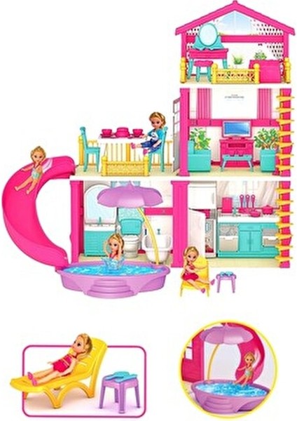 Lola'nın Tatil Evi 3 Katlı Su Kaydıraklı Barbie Evi Oyun Seti 4 Odalı Teraslı Eğlenceli