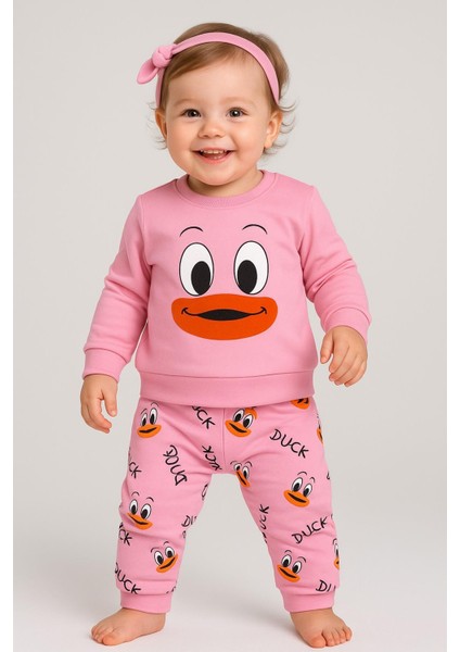 Kız/erkek Bebek Unısex Duck Ördek Desenli 2li Takım Sweatshirt ve Alt 6-9-12-18AY