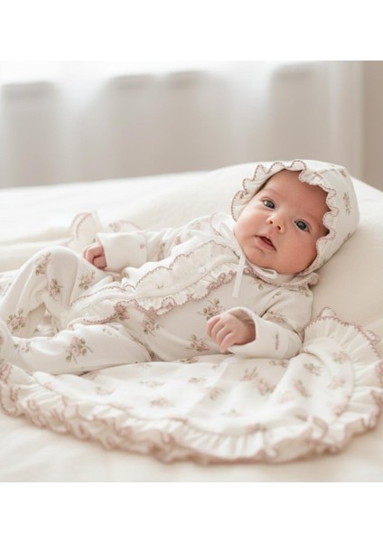 Zarif Ortanca Çiçek Desenli Kendinden Eldivenli Bebek Tulumu ve Yumuşacık Battaniye Seti