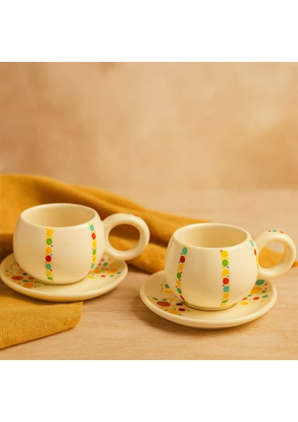 Duble 2'li Seramik Kahve Fincan Takımı - 150ML - Renki Benek Desenli