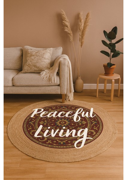 Snugh Yuvarlak Baskı Jüt Halı Makinede Yıkanabilir Çift Taraflı Doğal Jüt Peaceful Living Kilim