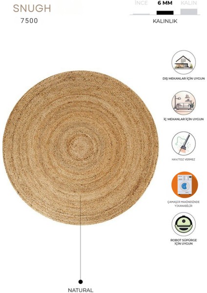 Snugh Yuvarlak Baskı Jüt Halı Makinede Yıkanabilir Çift Taraflı Doğal Jüt Peaceful Living Kilim modelleri