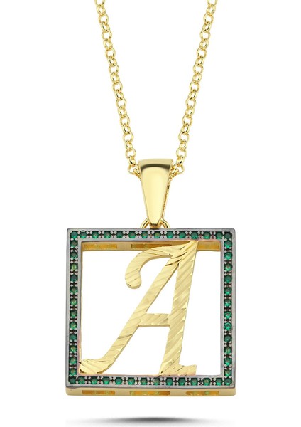 A Harfli Yeşil Taşlı 14 Ayar Altın Kaplama Kolye Hr1