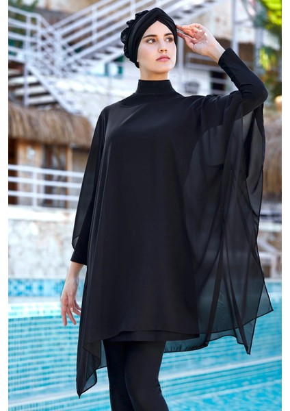 Siyah Pareo Tesettür Mayo Üzerine Tüllü 2022 Yeni Sezon