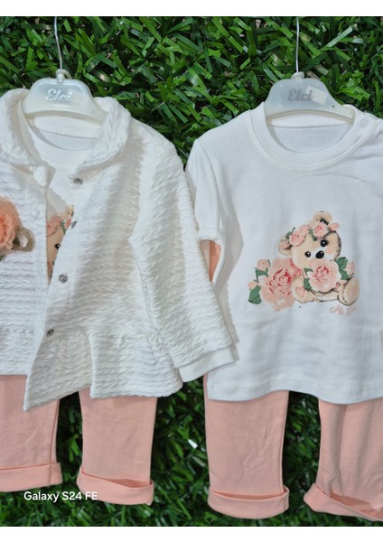Kız Bebek Triko Ceketli Ayıcık Desenli 3.lü Takım modelleri