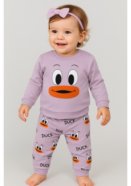 Kız/erkek Bebek Unısex Duck Ördek Desenli 2li Takım Sweatshirt ve Alt 6-9-12-18AY