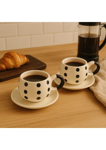 Duble 2'li Seramik Kahve Fincan Takımı - 150ML - Puantiye Desenli
